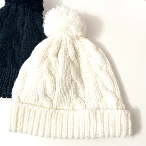 EUC LA Express 2 cable knit toques black and white winter hats with pompom ball - Picture 2 of 6